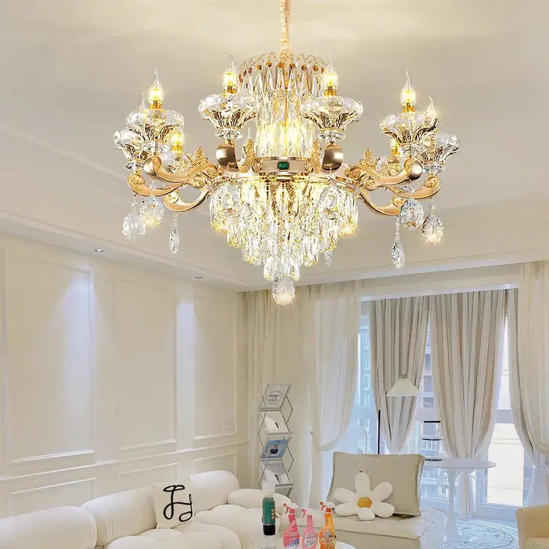 Elegant duplex crystal chandelier gold living room light with gold-toned arms and intricate crystal droplets decorbites elegant duplex