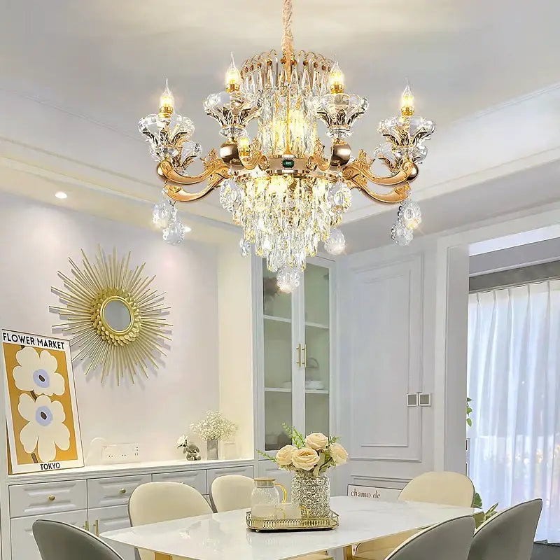 Gold-toned decorbites elegant duplex crystal chandelier with intricate droplets adds elegance to the dining room