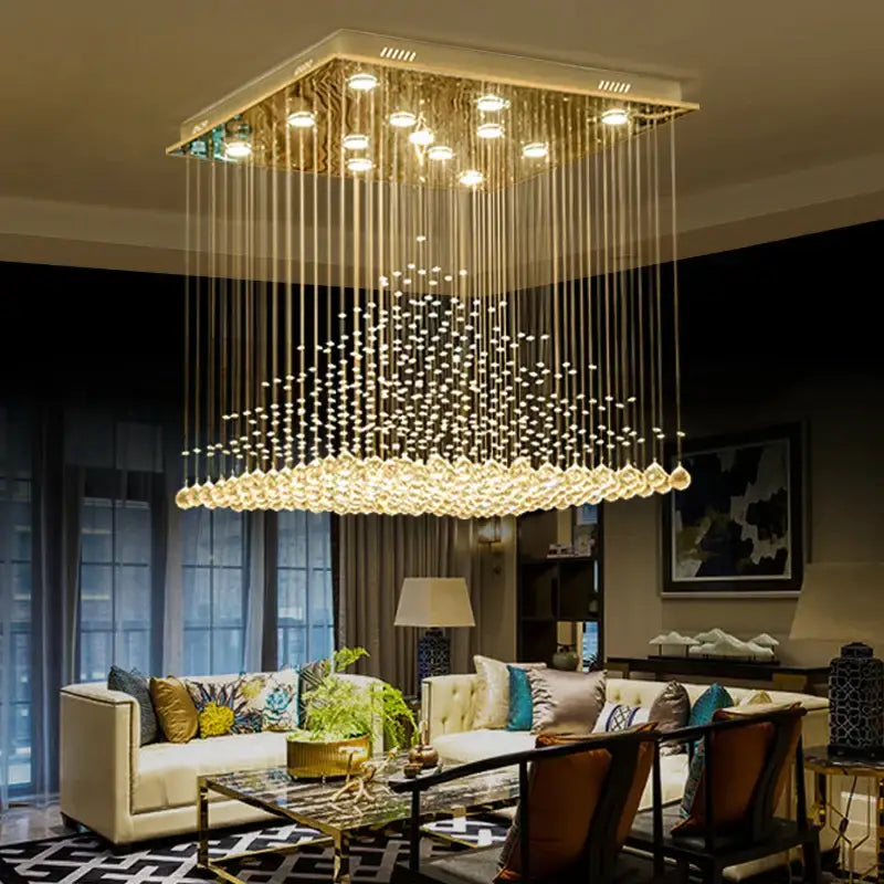 Square crystal chandelier with cascading clear glass beads and warm LED lights for elegant duplex villa hotel decorbites