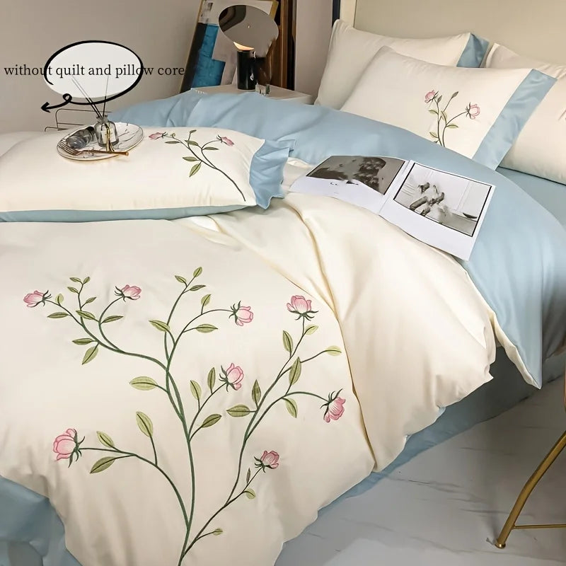 Elegant Embroidery Duvet Cover Set Blue Pink 3 Pieces