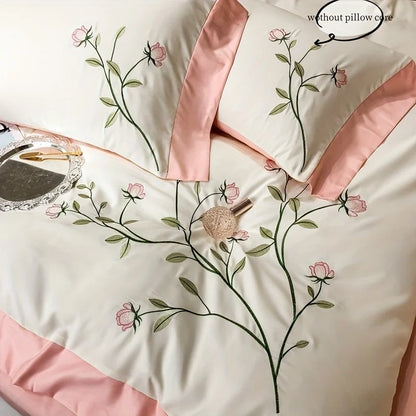 Elegant Embroidery Duvet Cover Set Blue Pink 3 Pieces