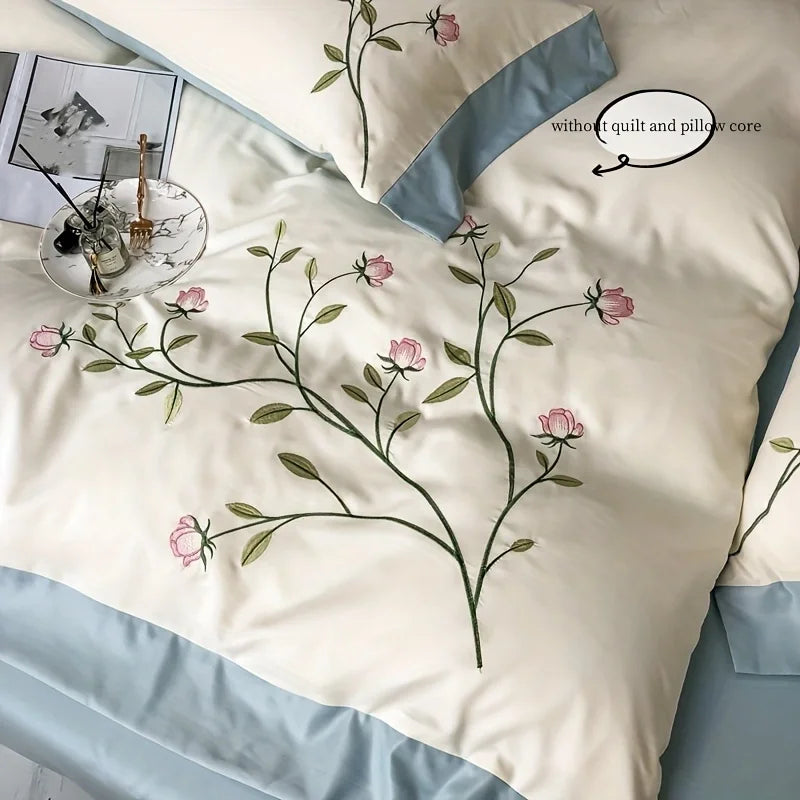 Elegant Embroidery Duvet Cover Set Blue Pink 3 Pieces