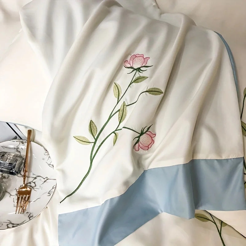 Elegant Embroidery Duvet Cover Set Blue Pink 3 Pieces