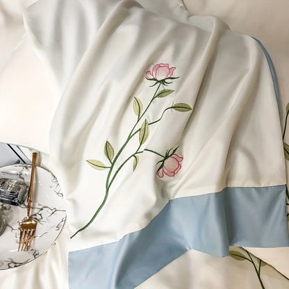 Elegant Embroidery Duvet Cover Set Blue Pink 3 Pieces