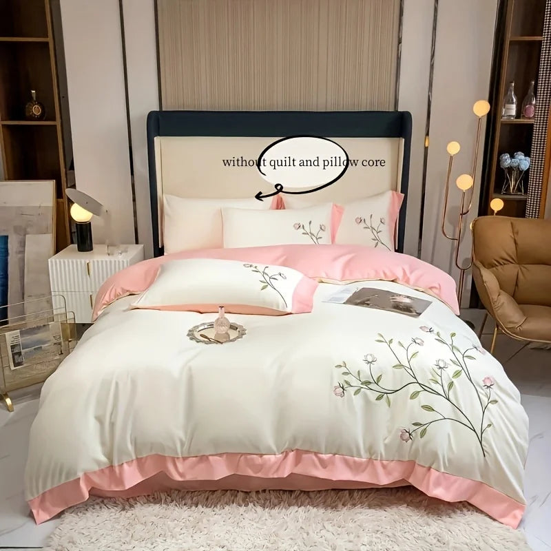 Elegant Embroidery Duvet Cover Set Blue Pink 3 Pieces