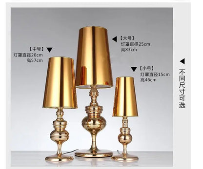 Golden metallic elegant european style bedside lamps with tiered bases and conical shades in three sizes for bedroom decor