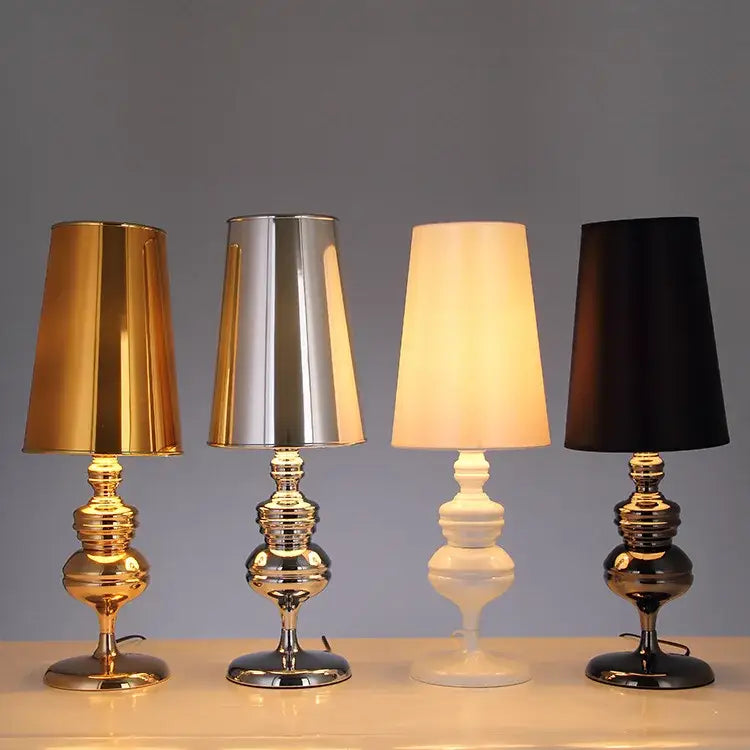 Four decorbites elegant european style bedside lamps with metallic bases and conical shades in gold silver white and black