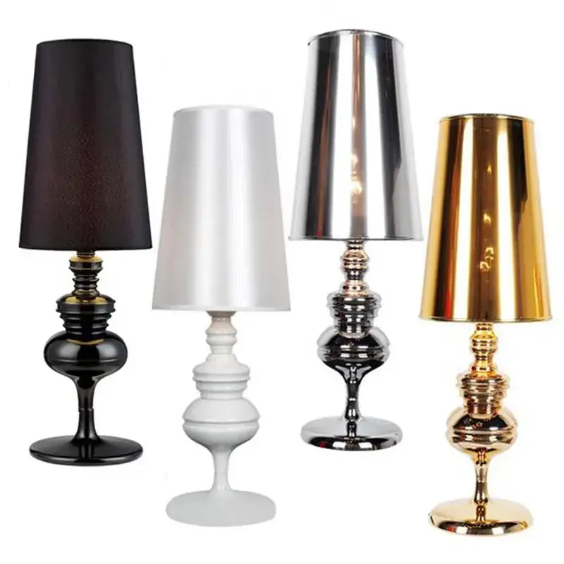 Four decorbites elegant european style bedside lamps with glossy sculpted bases and drum shades in black white chrome and gold