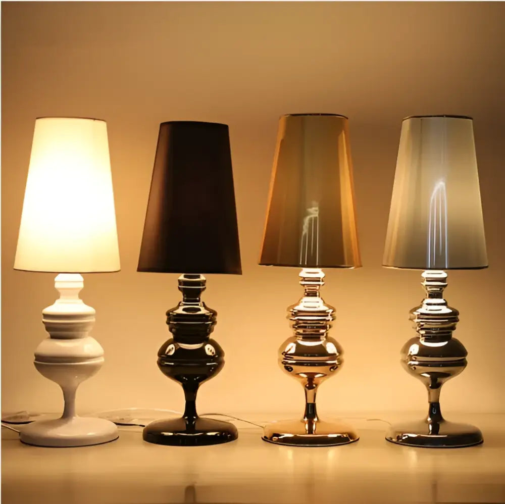 Four decorbites elegant european style bedside lamps with sleek metallic bases in white black gold and silver finishes