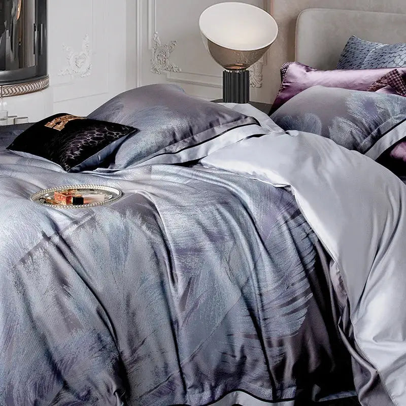 Luxurious silver-gray satin bedding set with subtle feather pattern and black trim made from 1500tc egyptian cotton silk