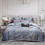 Elegant gray feather-patterned satin bedding set with subtle black trim and lavender pillows in 1500tc egyptian cotton silk