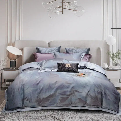 Elegant gray feather-patterned satin bedding set with subtle black trim and coordinating pillows in 1500tc Egyptian cotton silk