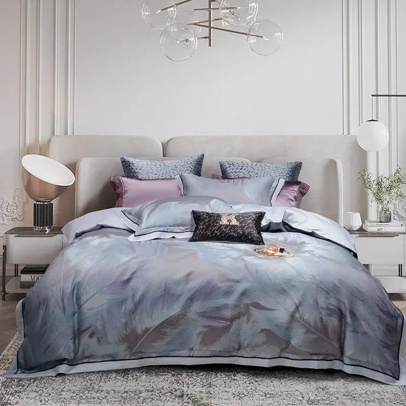 Elegant gray feather-patterned satin bedding set with subtle black trim and coordinating pillows in 1500tc Egyptian cotton silk