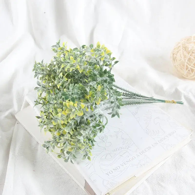 Frosty green and yellow flocking lover grass silk bouquet with slender stems for elegant flocking decorbites bedroom decor
