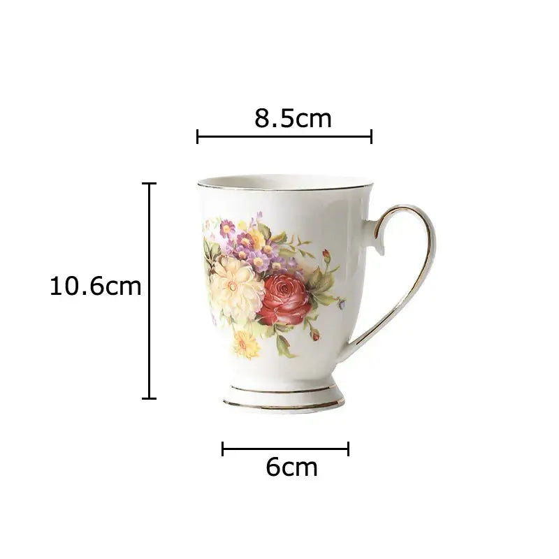 A white ceramic cup with decorbites elegant floral design featuring roses in pink yellow purple for tea sets