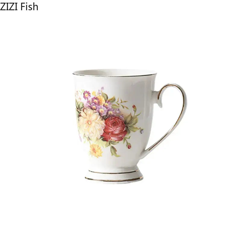 White ceramic cup with delicate pink, purple, yellow, and red floral design from decorbites elegant floral ceramic set