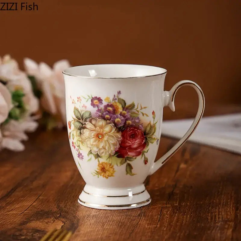 Elegant floral ceramic white porcelain cup with red purple yellow roses gold trim decorbites elegant floral tea set