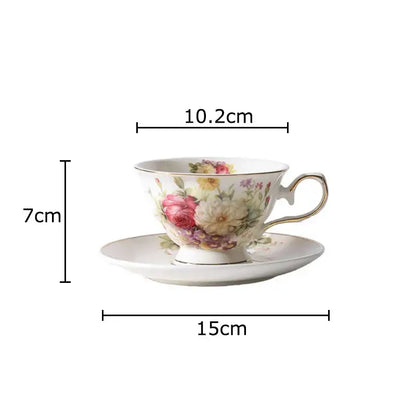 Elegant floral ceramic cup and saucer set with pink rose pattern on creamy porcelain for decorbites dining room use