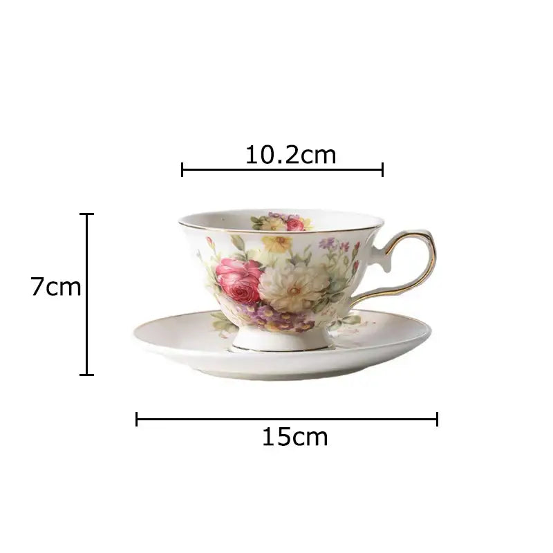 Elegant floral ceramic cup and saucer set with pink rose pattern on creamy porcelain for decorbites dining room use
