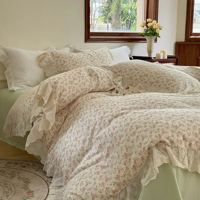 Cream-colored bedding set featuring elegant floral lace ruffles with delicate lace trim for a refined bedroom look