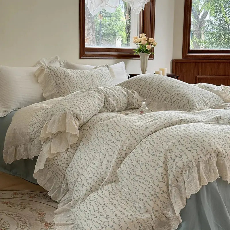 Cream-colored bedding set with elegant floral lace ruffles and delicate gray floral patterns for a bedroom duvet set
