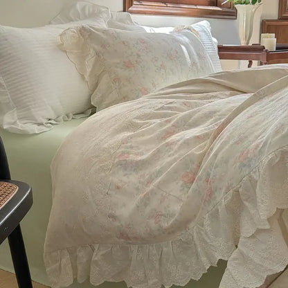 Elegant floral lace ruffles bedding set with cream-colored floral bedspread featuring delicate lace and embroidered details