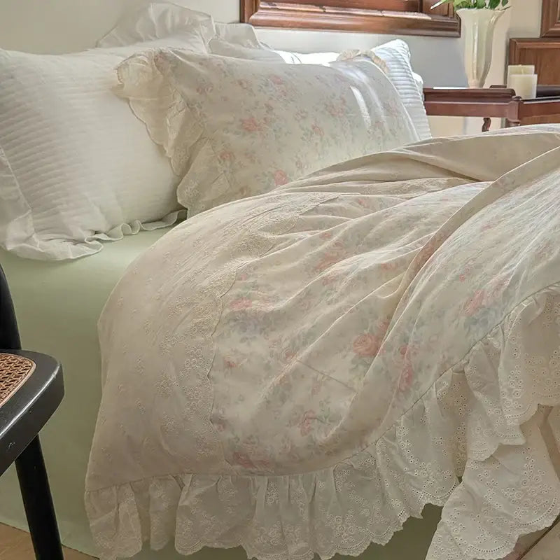 Elegant floral lace ruffles bedding set with cream-colored floral bedspread featuring delicate lace and embroidered details