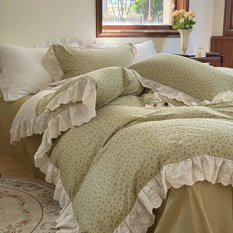 Pastel green bedding set with elegant floral lace and delicate white lace ruffles for a cream bedroom duvet set