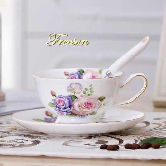Elegant floral porcelain tea cup set with white cups hand-painted pink and purple roses gold trim for dining room use