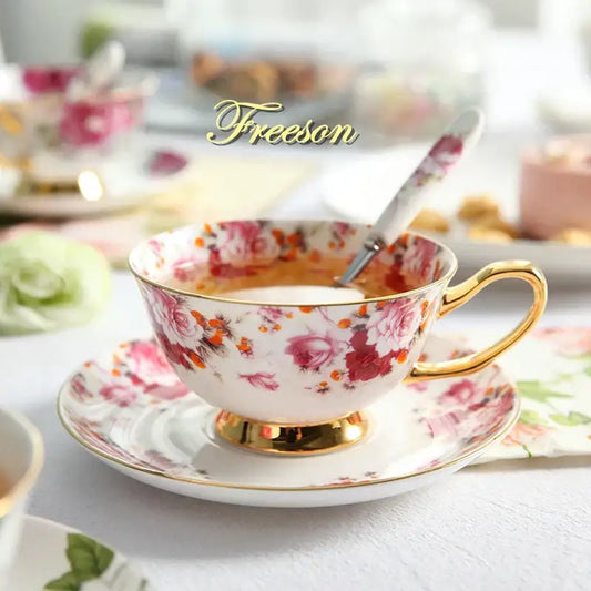 Elegant floral tea porcelain teacup and saucer with pink roses orange accents gold trim by decorbites elegant floral