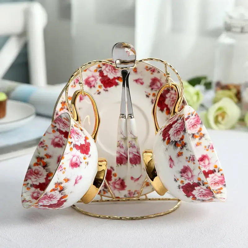 Elegant white porcelain tea set with pink and red floral patterns gold rims decorbites elegant floral bone china cup