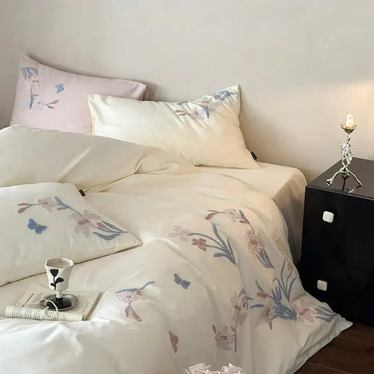 Cream satin bedding set with elegant flower embroidery and delicate floral and butterfly motifs for decorbites elegant flower decor
