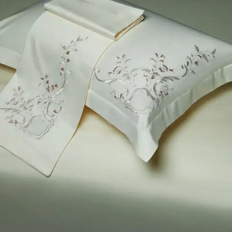Elegant flowers embroidery cream satin bedding set pillowcases featuring ivory satin with silver floral scrollwork decorbites elegant flowers