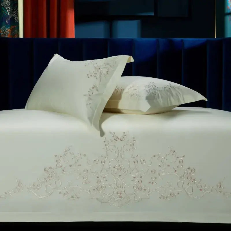 Cream satin bedding set with delicate silver thread elegant flowers embroidery by decorbites for bedroom decor