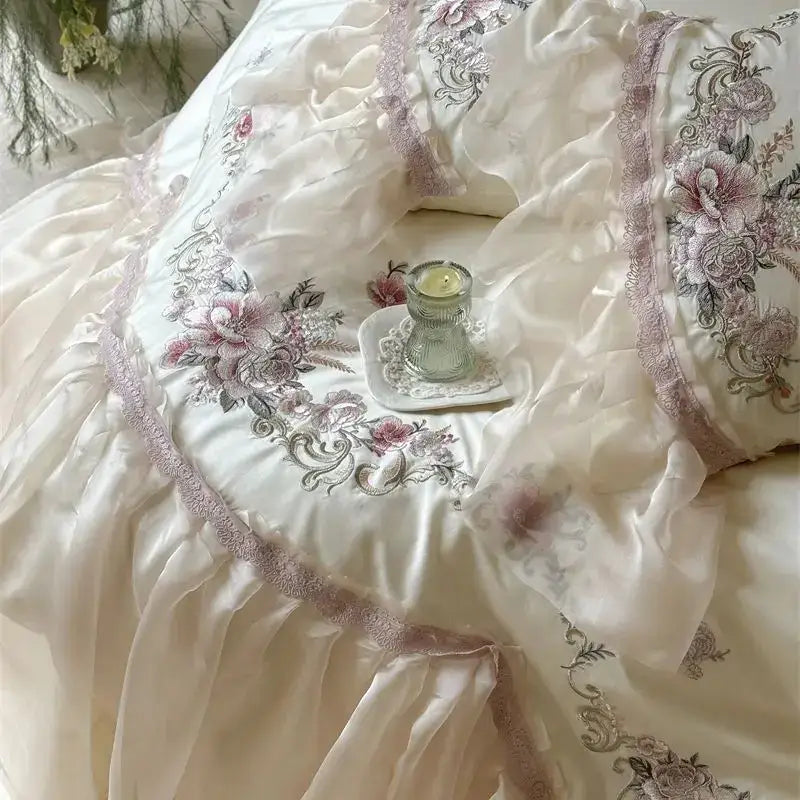 Cream cotton bedding set with decorbites elegant flowers embroidery lace trim and delicate pink and gray floral design