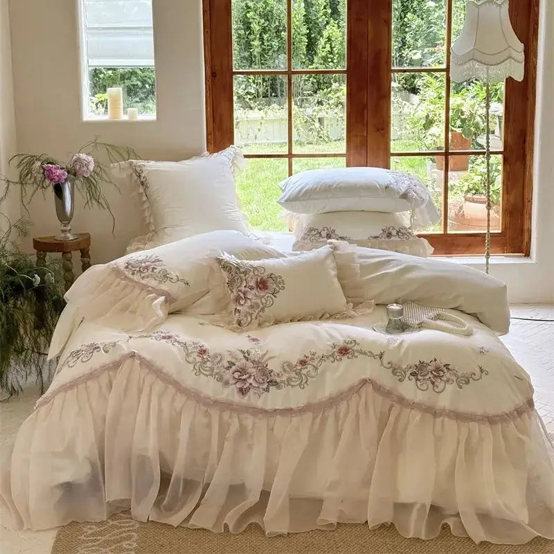 Cream cotton bedding set with elegant flowers embroidery lace and ruffled layers from decorbites elegant flowers collection