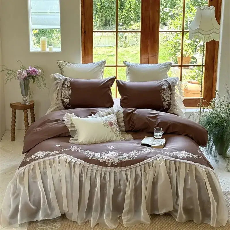 Brown satin bedding set with delicate white elegant flowers embroidery and beige ruffled skirt by decorbites elegant flowers