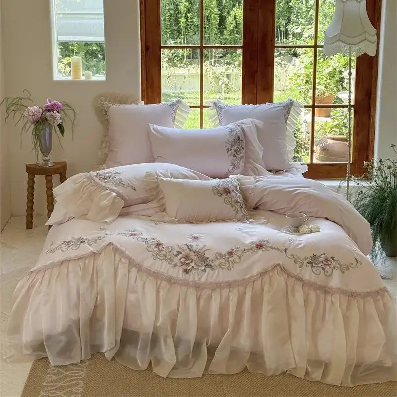Ivory satin bedding set with elegant flowers embroidery and ruffled tiers for refined cream cotton decorbites elegant flowers decor