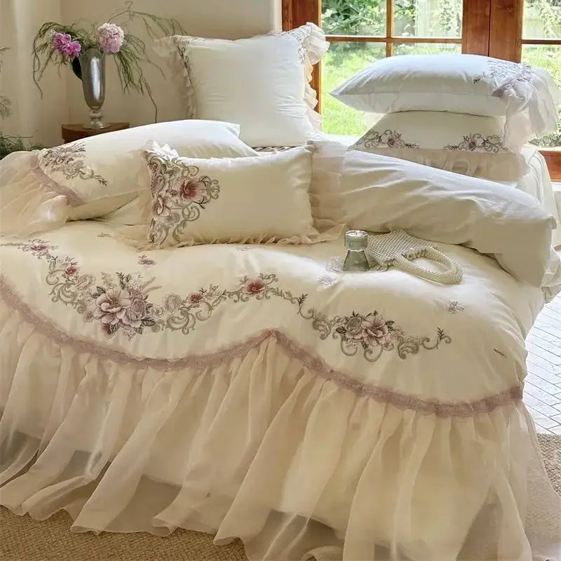 Cream cotton bedding set with elegant flowers embroidery and ruffled lace trim from decorbites elegant flowers collection