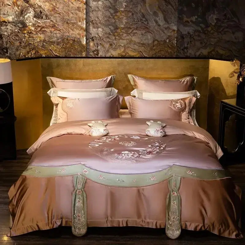 Luxurious rose gold satin bedding set with elegant flowers embroidery and sage green accents by decorbites elegant flowers