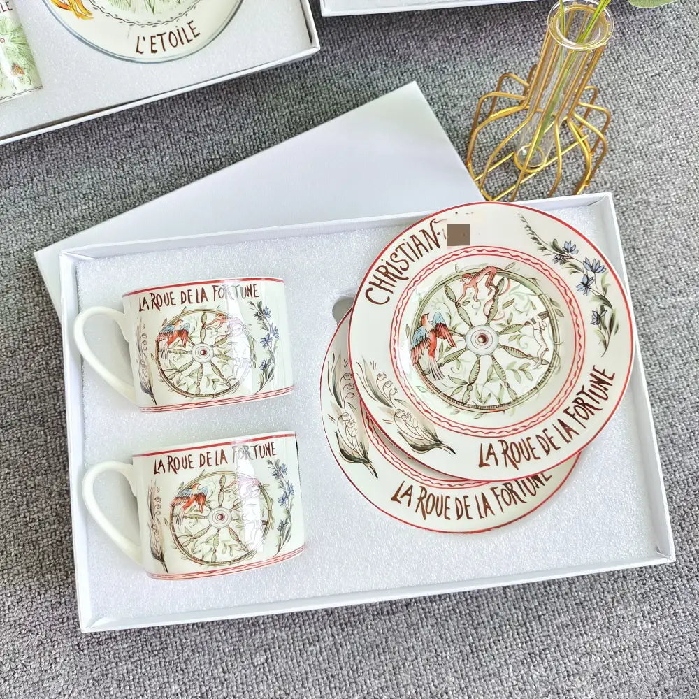 White ceramic bone china saucer with red border and botanical design from christian dior tea cup set elegant dining room teaware
