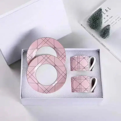 Elegant pink ceramic bone china tea cup set with geometric grid pattern for dining room teaware collection