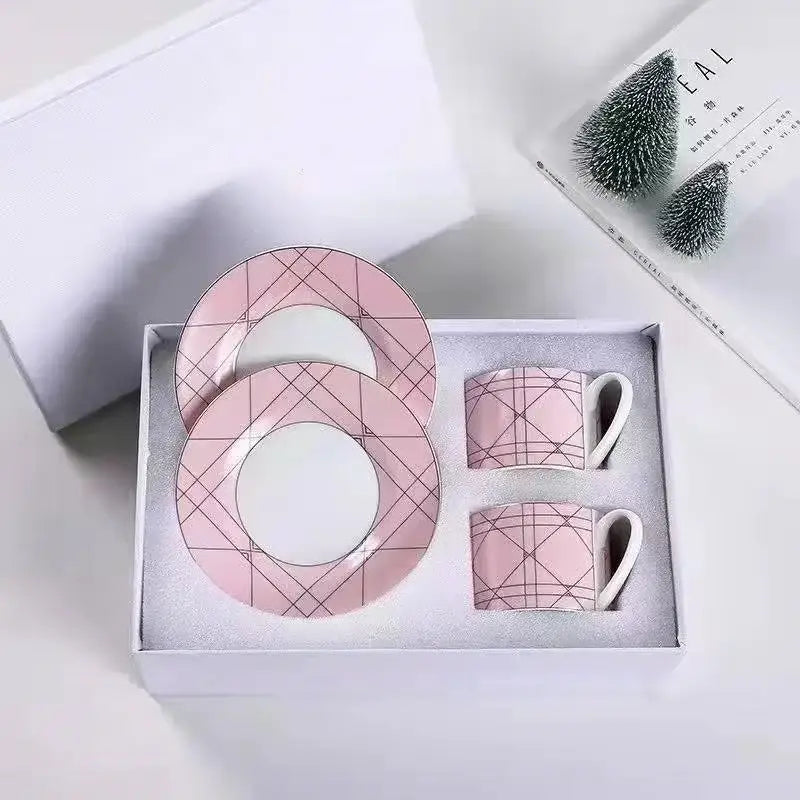 Elegant pink ceramic bone china tea cup set with geometric grid pattern for dining room teaware collection