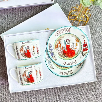 Elegant white bone china tea cup set with hand-painted woman in red robes holding scales la justice design