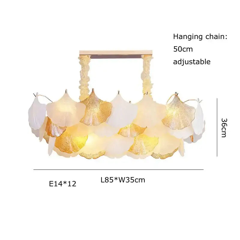 Elegant ginkgo gold led chandelier with layered translucent white and gold ginkgo leaf shades on wooden frame for decorbites