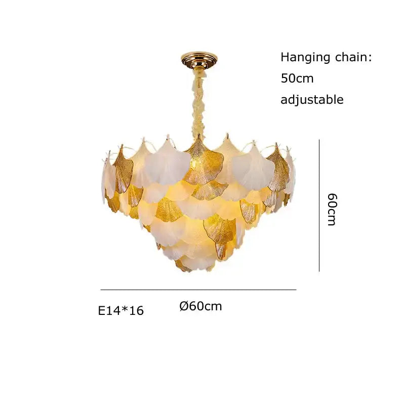 Elegant ginkgo gold led chandelier with white and gold leaf design and 60cm adjustable hanging chain by decorbites ginkgo gold