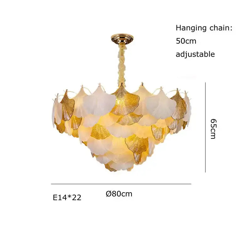 Elegant ginkgo gold led chandelier with white and gold ginkgo leaf design and adjustable hanging chain for living room decorbites ginkgo gold