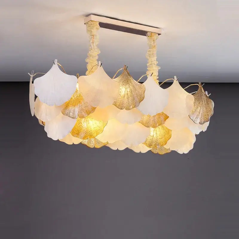 Elegant ginkgo gold led chandelier with layered white and gold ginkgo leaf shades for modern living room decorbites ginkgo gold