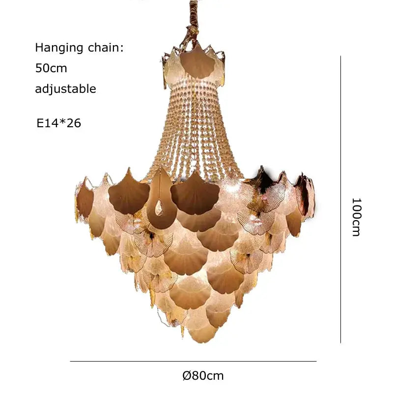 Elegant ginkgo gold led chandelier with cascading translucent gold ginkgo leaf shades and clear crystal column for living room decorbites ginkgo gold