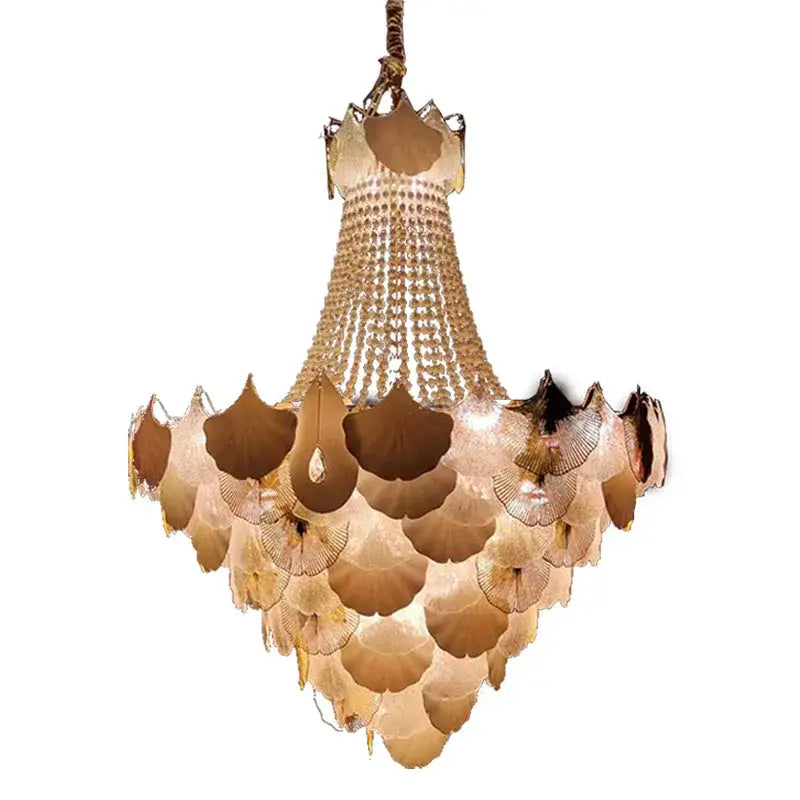 Elegant decorbites ginkgo gold led chandelier with cascading amber glass leaves and golden frame for living room decor